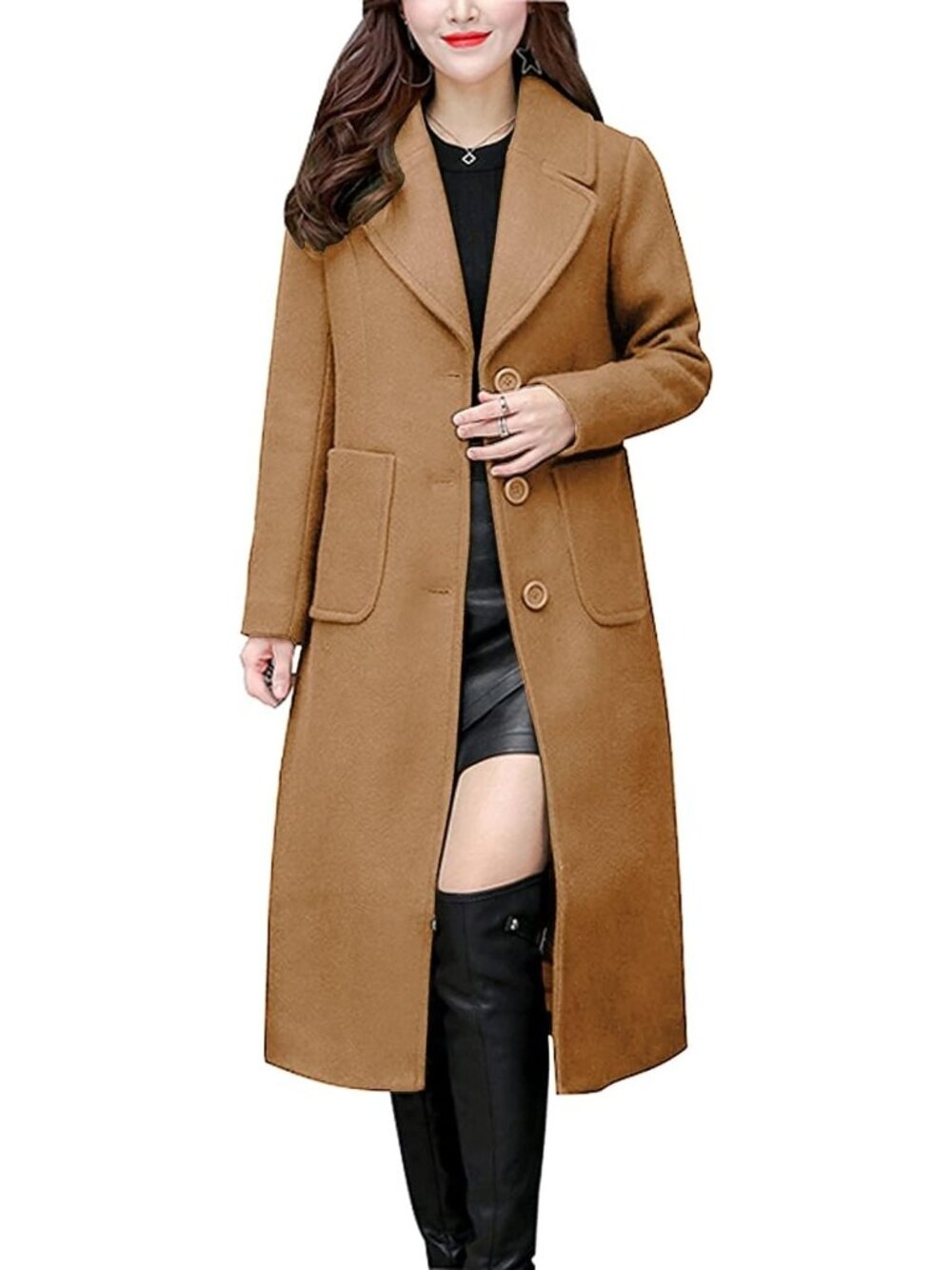 Women's Camel Long Sleeve Big Notch Lapel Single Breasted Mid-Long Wool Coat